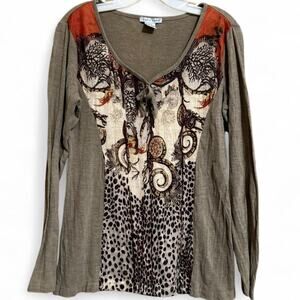 Tempo Paris Boho Mixed Print Long Sleeve Top Size Medium